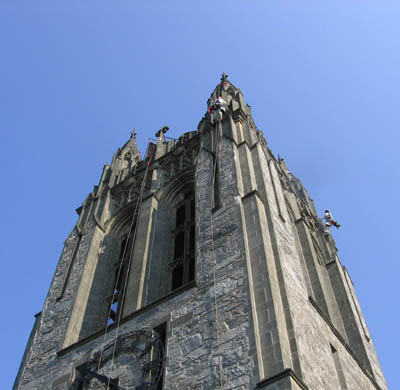 rope access technicians on Gasson Hall